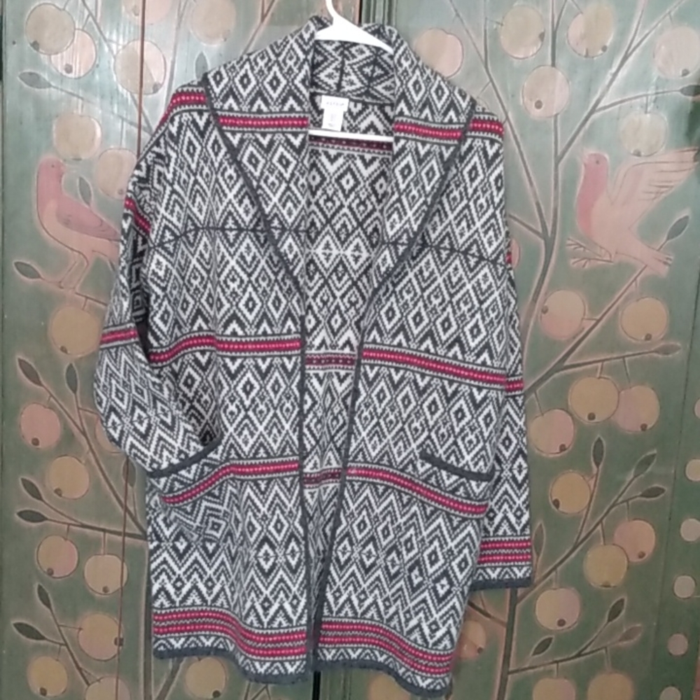 Aspen NWT Oversized Wool Blend Long Cardigan Gray White Red Diamond Patt…
